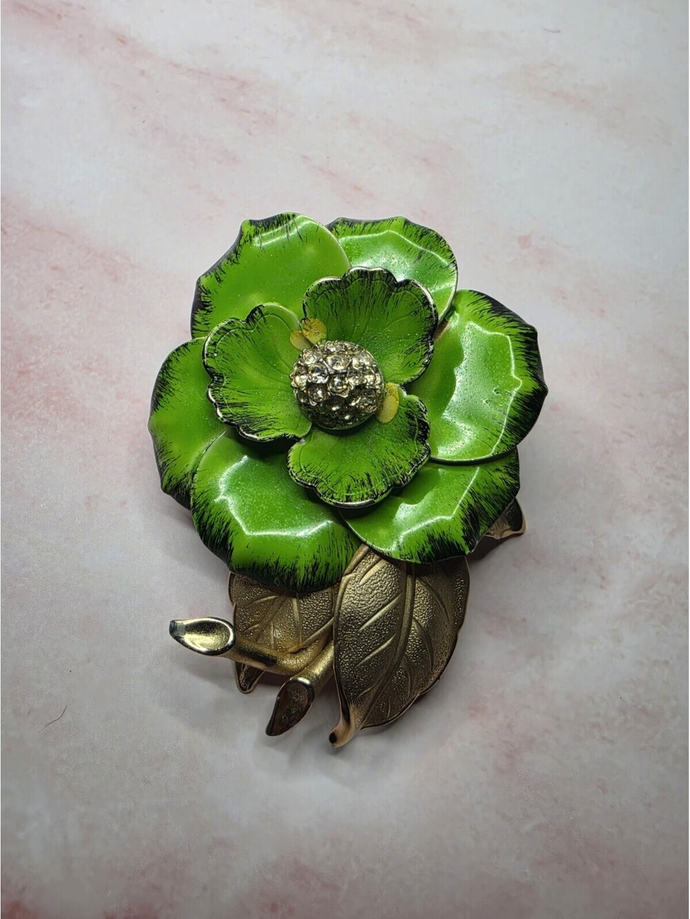 Vintage Green Enamel Flower Brooch Rhinestone Gold Tone Pin
